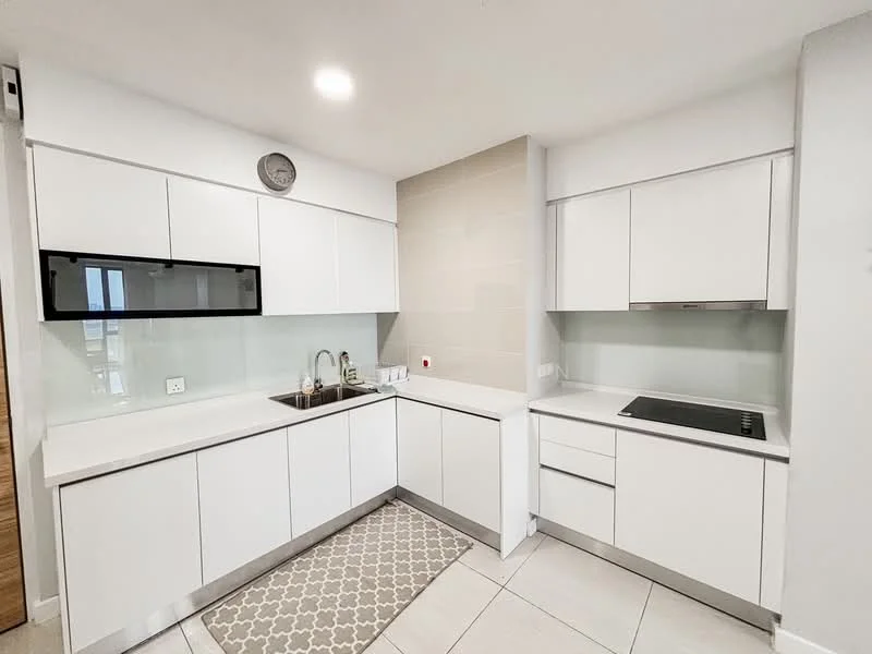 Kitchen features: white cabinetry with flat-panel doors, stainless-steel countertop, single-bowl stainless-steel sink, chrome pull-down faucet, built-in oven, induction cooktop, black microwave, grey patterned area rug, tile flooring, recessed downlights, glass backsplash, wall-mounted clock; style: modern.