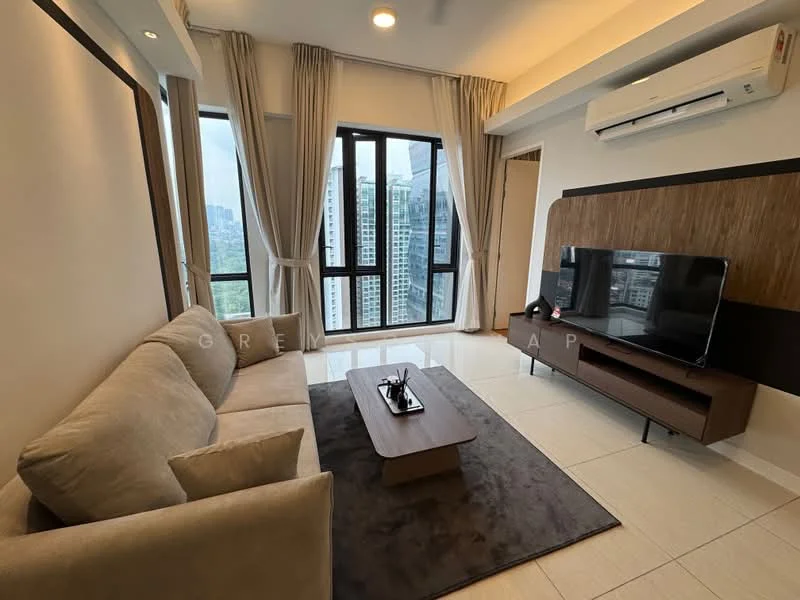 Living features: 3-seater fabric sofa in beige, coffee table, wall-mounted TV, TV console, floor-to-ceiling windows, curtains, area rug with geometric pattern, recessed downlights, air conditioning unit, wood accent wall, light-coloured tiled flooring; style: modern; view: city.