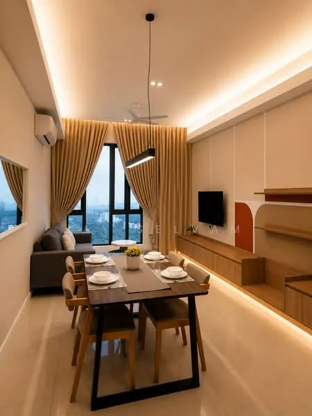 Dining features: 6-seater dining table, wooden dining chairs, pendant light fixture, floor-to-ceiling windows, sheer curtains, light-colored walls, polished tile flooring, wall-mounted TV, wooden console unit, sofa in grey fabric, decorative wall panel, recessed lighting; style: modern; view: city.