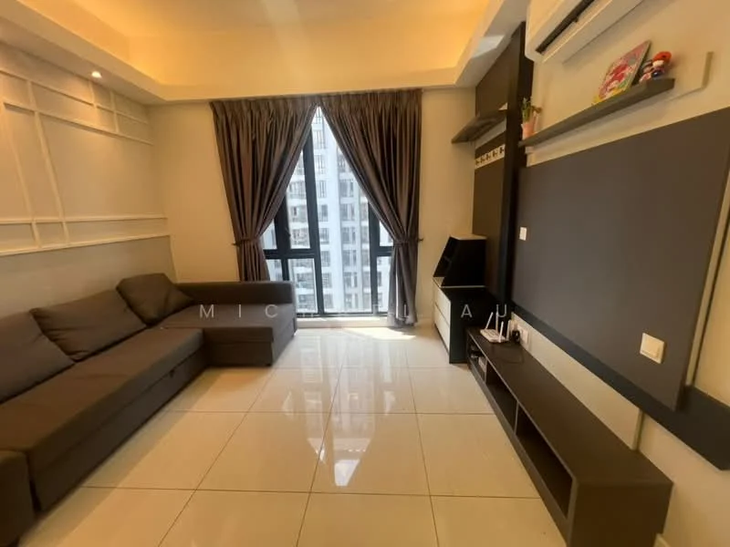 Living features: L-shape sectional sofa in grey, floor-to-ceiling windows, curtains in dark grey, white painted walls, polished ceramic tile flooring, wall-mounted TV console, decorative shelving unit, air conditioning unit, decorative wall art; style: modern; view: city.