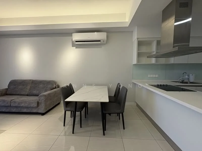 Dining features: marble dining table, 4 black dining chairs, grey fabric sofa, wall-mounted split AC, white painted walls, recessed ceiling lights, ceramic tile flooring, open kitchen layout; style: modern.