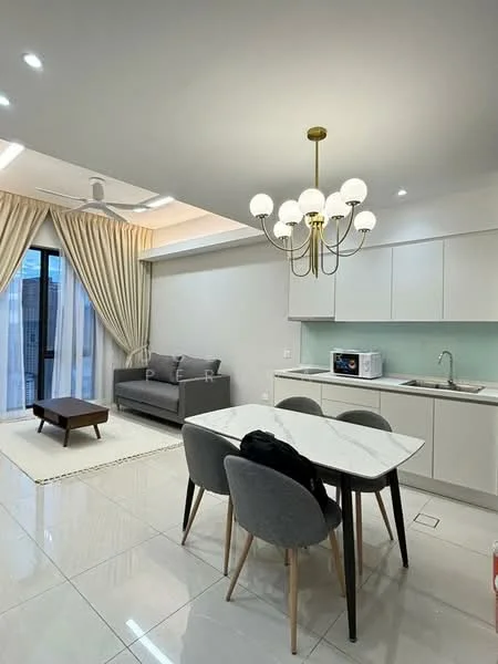 Living features: grey fabric sofa, coffee table, 6-seater dining table, upholstered dining chairs, chandelier with multiple bulbs, recessed downlights, floor-to-ceiling windows, curtains, microwave, single-bowl stainless-steel sink, white cabinetry, white countertops, ceramic tile flooring, air conditioning unit, decorative rug; style: modern.