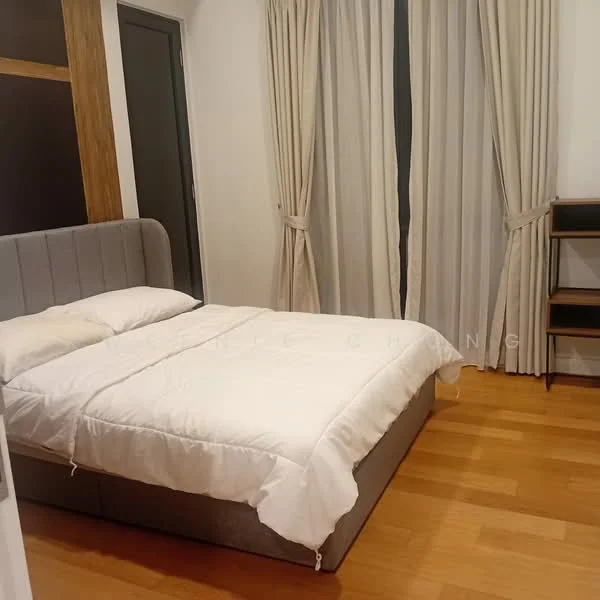 Bedroom features: queen-size bed, upholstered headboard, white bedding, wooden flooring, floor-to-ceiling curtains, light-colored curtains, nightstand, wall-mounted shelving, neutral wall color; style: modern.