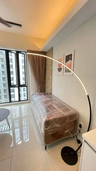 Bedroom features: single bed with protective covering, floor-to-ceiling windows, curtains, arc floor lamp, white walls, glossy tile flooring, decorative wall art, light ceiling with recessed lighting; style: modern; view: city.