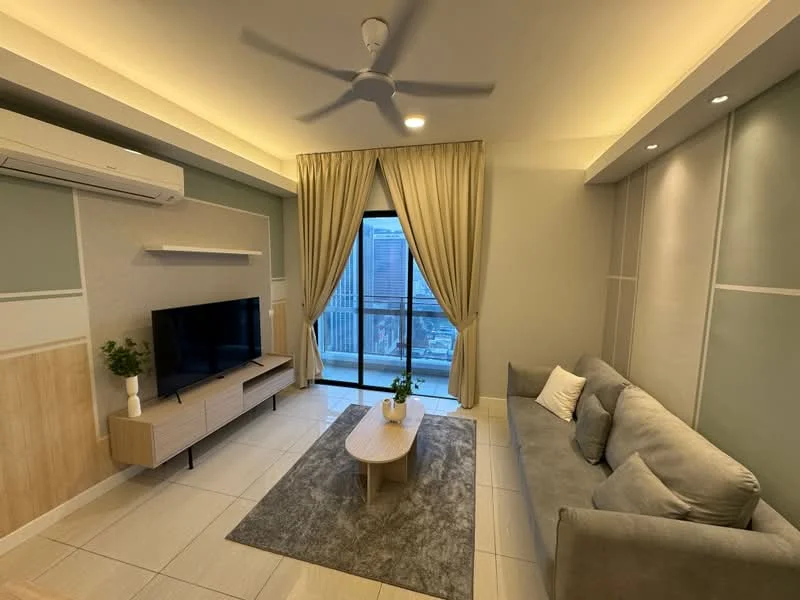 Living features: 3-seater fabric sofa in grey, coffee table, TV console, wall-mounted TV, floor-to-ceiling windows, sheer curtains, 5-blade ceiling fan with light, recessed LED downlights, light grey wall with white paneling, wood panel accent wall, tile flooring, decorative plant in ceramic pot; style: modern; view: city.