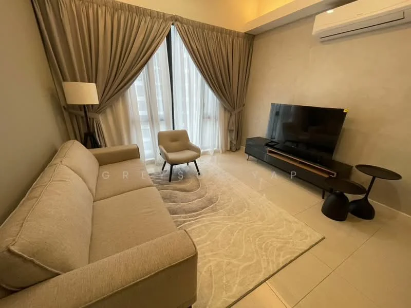 Living features: 3-seater fabric sofa in light beige, accent chair in light grey, black TV console, wall-mounted flat-screen TV, area rug with abstract pattern, floor-to-ceiling windows with sheer curtains, recessed ceiling lights, wall-mounted split AC, decorative lamp on side table, small black side table; style: modern.