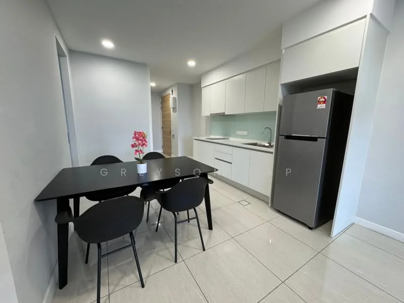 Kitchen features: white cabinetry, black dining table, 4 black dining chairs, stainless-steel fridge, single-bowl stainless-steel sink, chrome pull-down faucet, white countertop, ceramic tile flooring, recessed downlights, grey painted walls; style: modern.