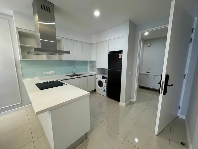 Kitchen features: white cabinetry, light grey backsplash, white quartz countertop, stainless-steel range hood, 4-burner gas hob, single-bowl stainless-steel sink, chrome pull-down faucet, built-in oven, black refrigerator, front-load washing machine, ceramic tile flooring, recessed downlights, open shelving; style: modern. Room features: white painted walls, door leading to hallway.