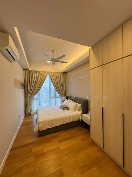 Bedroom features: queen-size bed, upholstered headboard, bedside table, built-in wardrobe with sliding doors, wooden flooring, ceiling fan with light, floor-to-ceiling window, sheer curtains, decorative wall paneling, air conditioning unit; style: modern; view: city.