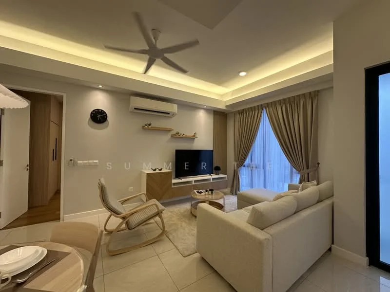 Living features: 5-blade ceiling fan with integrated LED light, wall-mounted TV, light-coloured fabric sofa, wooden coffee table, area rug, recessed downlights, cream painted walls, floor-to-ceiling windows with sheer curtains, light wood shelving unit, air conditioning unit, decorative wall clock, drapes, neutral tile flooring; style: modern.