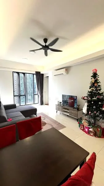Living features: 3-seater fabric sofa in grey, ceiling fan with light, wall-mounted TV, TV console, coffee table, area rug, floor-to-ceiling windows, curtains, decorative Christmas tree, potted plants, white painted walls, tile flooring, air conditioning unit; style: modern; view: city.
