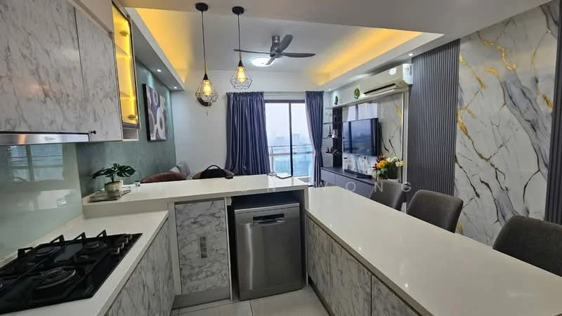 Kitchen features: marble countertop, white cabinetry with glass fronts, stainless-steel sink, chrome pull-down faucet, built-in oven, 4-burner gas hob, stainless-steel dishwasher, pendant lighting, recessed downlights, grey accent wall, floor-to-ceiling windows, view of city skyline; style: modern; view: city. Living features: sofa, TV console, wall-mounted TV, decorative wall with marble pattern, curtains, area rug; style: modern; view: city.