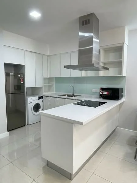 Kitchen features: white cabinetry, stainless-steel refrigerator, built-in oven, induction cooktop, stainless-steel range hood, single-bowl stainless-steel sink, chrome pull-down faucet, microwave, white quartz countertop, glass backsplash, washing machine, ceramic tile flooring, recessed downlights; style: modern.