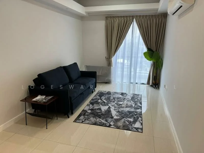 Living features: black fabric sofa, small side table, area rug with geometric pattern, floor-to-ceiling window, sheer curtains, decorative plant, glossy tile flooring, air conditioning unit; style: modern; view: city.