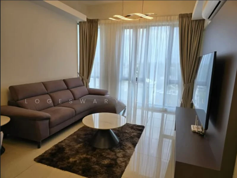 Living features: 3-seater fabric sofa in brown, coffee table with round top, area rug with geometric pattern, wall-mounted TV, TV console, floor-to-ceiling windows, sheer curtains, recessed downlights, light fixture with multiple arms, polished tile flooring, air conditioning unit; style: modern; view: city.
