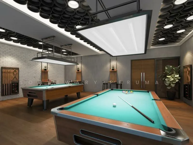 Room features: pool table, wooden flooring, exposed brick wall, recessed ceiling lights, suspended light fixtures, decorative wall panels, greenery in ceramic pot, wall-mounted cue racks, neutral wall color, ceiling with circular acoustic panels; style: modern.