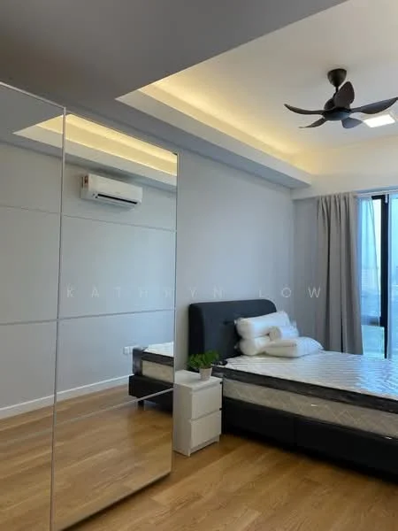Bedroom features: king-size bed, upholstered headboard, 2 bedside tables, full-length mirror, floor-to-ceiling window, curtains, 5-blade ceiling fan, wall-mounted split AC, wooden flooring, recessed ceiling lights; style: modern; view: city.