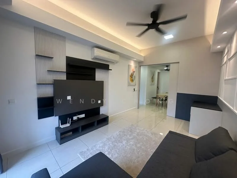 Living features: grey fabric sofa, white area rug, wall-mounted TV, black TV console, white wall with decorative paneling, recessed lighting, 5-blade ceiling fan, air conditioning unit, glossy white tile flooring, neutral wall color; style: modern.
