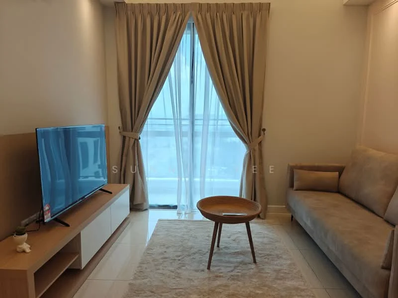Living features: light beige fabric sofa, wooden coffee table, flat-screen TV on a white TV console, cream area rug, floor-to-ceiling windows, sheer curtains, light-colored walls, glossy tile flooring; style: modern; view: city.