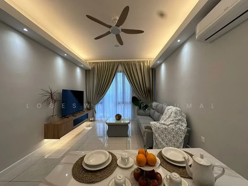 Living features: 3-seater fabric sofa in light grey, coffee table, wall-mounted TV, TV console in wood, recessed LED downlights, 5-blade ceiling fan, floor-to-ceiling windows with sheer curtains, decorative wall with light grey paint, white tiled flooring, decorative plants, area rug, dining set with plates and fruits; style: modern.