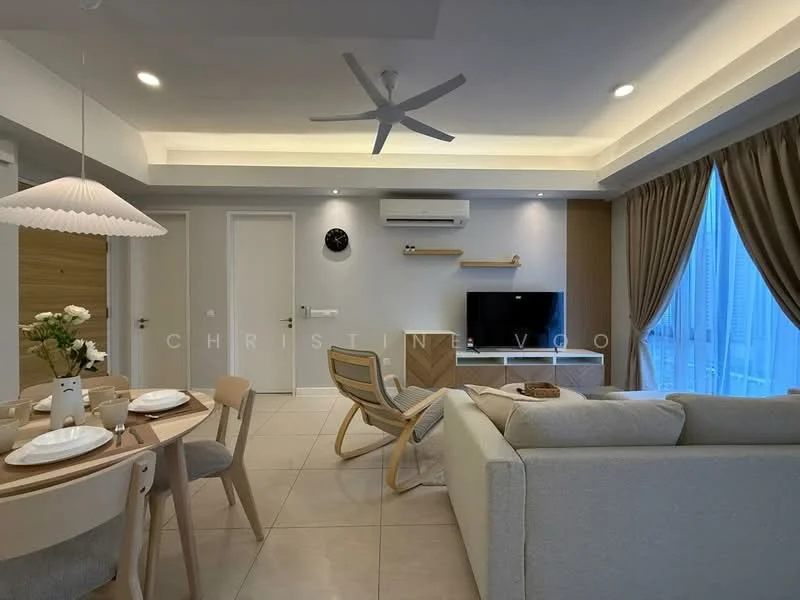 Living features: light grey fabric sofa, 3-seater sofa, wooden coffee table, wall-mounted TV, TV console with storage, ceiling fan with integrated light, recessed LED downlights, cream painted walls, large window with sheer curtains, tile flooring, decorative wall shelf, air conditioning unit; style: modern; view: city. Dining features: round dining table, 4 wooden dining chairs, white pendant lamp, table setting with plates and cutlery, decorative vase with flowers; style: modern.