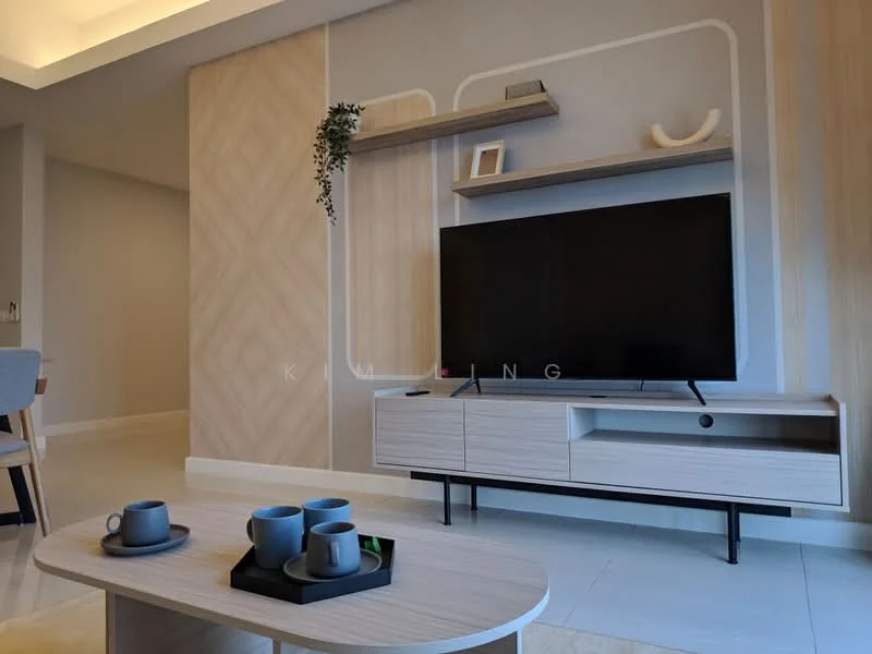 Living features: light grey painted walls, wood accent wall with geometric pattern, white ceiling with recessed lighting, floor-to-ceiling windows, light-colored wooden TV console, black metal legs on furniture, wall-mounted shelf, large flat-screen TV, coffee table with minimalist design, decorative items on shelf, ceramic mugs on coffee table; style: modern.