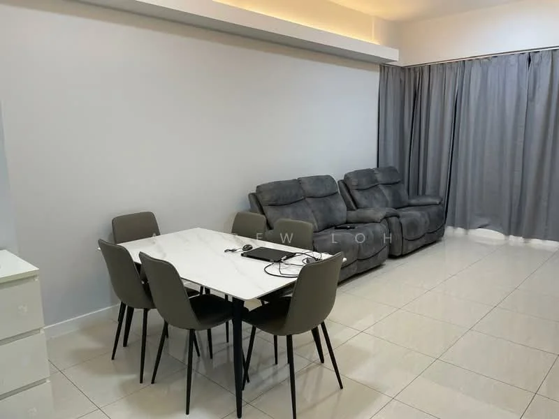 Living features: grey fabric reclining sofa, 4-seater dining table with white tabletop, grey dining chairs, white painted walls, glossy tile flooring, curtains in grey, LED strip lighting on ceiling; style: modern.