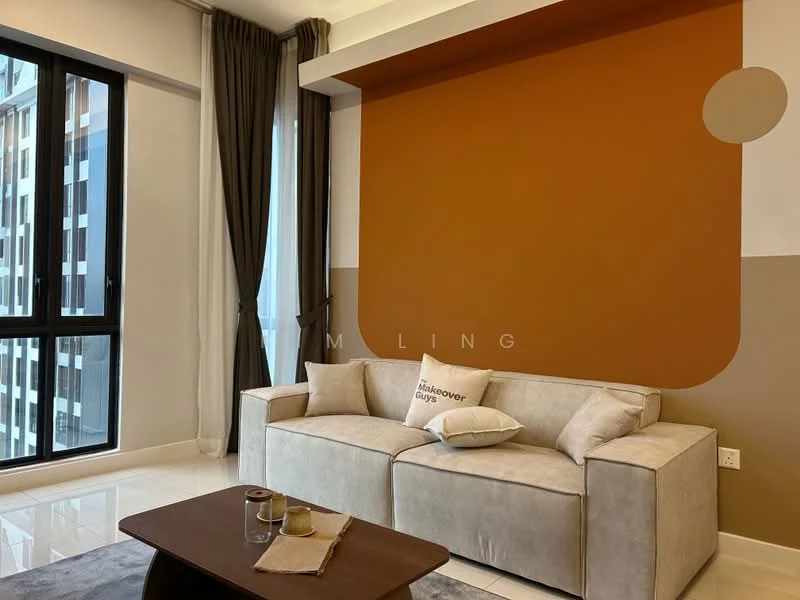 Living features: beige fabric sofa, decorative throw pillow, coffee table, white walls, accent wall in orange, floor-to-ceiling windows, curtains in grey, glossy tile flooring, wall-mounted decor, minimalist decor; style: modern; view: city.