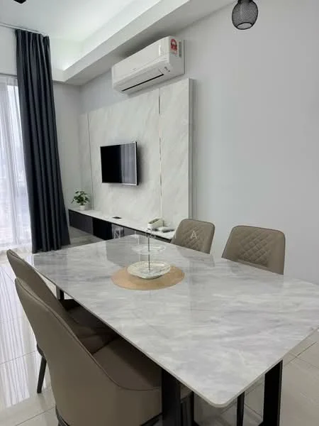 Dining features: marble dining table, 4 upholstered dining chairs, wall-mounted TV, wall panel with marble finish, 1 decorative centerpiece, floor-to-ceiling windows with sheer curtains, 1 wall-mounted split AC, light fixture with pendant design, neutral painted walls, glossy tile flooring; style: modern.