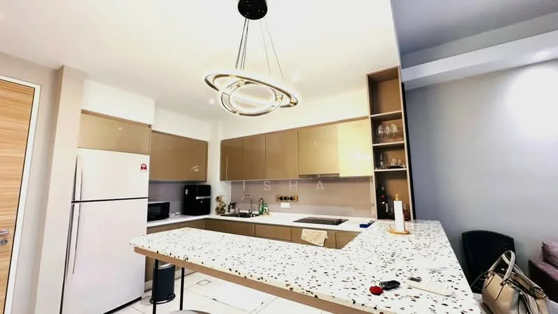 Kitchen features: white terrazzo countertop, stainless-steel fridge, built-in microwave, flat-panel beige cabinets, black cooktop, single-bowl stainless-steel sink, chrome pull-down faucet, pendant light fixture, recessed downlights, open shelving, bar seating area; style: modern.