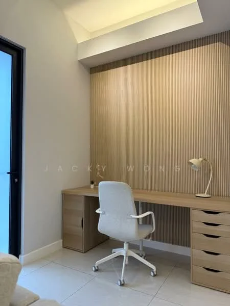 Study features: light wood desk, white ergonomic office chair, striped wood accent wall, recessed ceiling lighting, white tiled flooring, table lamp, minimalist decor, black framed door; style: modern.