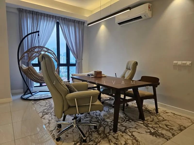 Study features: large window with city view, roller blinds, hanging rattan chair, executive desk, ergonomic office chair, wooden dining chair, marble-patterned area rug, recessed ceiling lights, wall-mounted air conditioning unit, white painted walls, glossy tile flooring; style: modern; view: city.