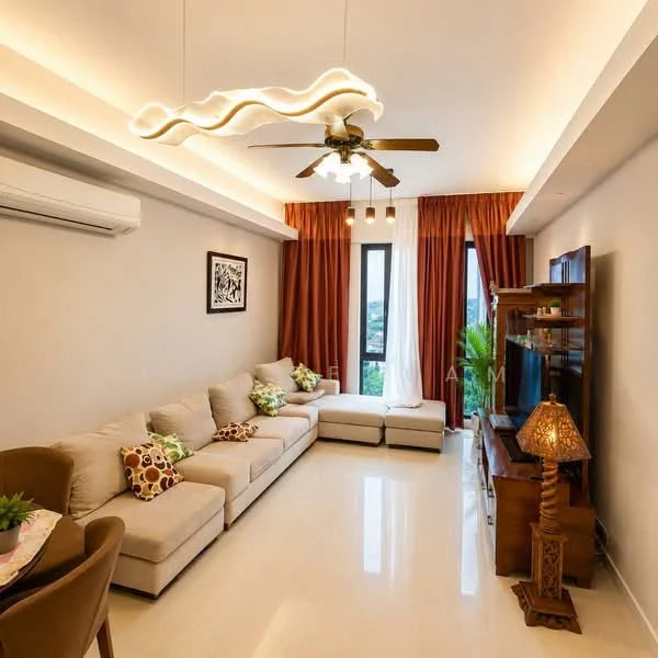 Living features: 5-blade ceiling fan with light, recessed LED downlights, cream painted walls, white ceiling, marble flooring, L-shape sectional sofa in beige, decorative cushions with animal print, wooden TV console, wall-mounted TV, decorative lamp, large window with city view, curtains in burnt orange, potted plant; style: modern; view: city.