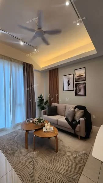 Living features: 3-seater fabric sofa in light grey, round wooden coffee table, area rug with geometric pattern, 5-blade ceiling fan with integrated LED light, floor-to-ceiling windows with sheer curtains, wood panel accent wall, decorative wall art, recessed ceiling lights, light-colored painted walls, tile flooring; style: modern; view: city.