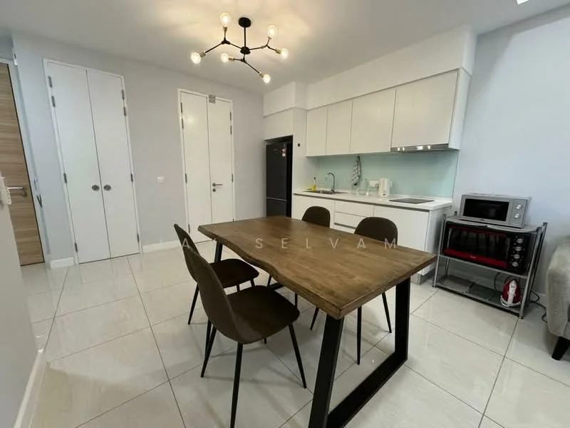 Kitchen features: white cabinetry, light blue backsplash, stainless-steel refrigerator, built-in oven, microwave, black dining table with metal legs, 3 brown dining chairs, white countertop, ceramic tile flooring, recessed downlights, pendant light fixture, double-door storage closet; style: modern.