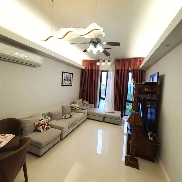 Living features: 3-seater fabric sofa in light grey, 2-seater fabric sofa in light grey, ceiling fan with 5 blades, recessed downlights, floor-to-ceiling windows, curtains in dark red, polished ceramic tile flooring, wooden TV console, decorative wooden sculpture, wall-mounted TV, decorative wall art; style: modern; view: city.