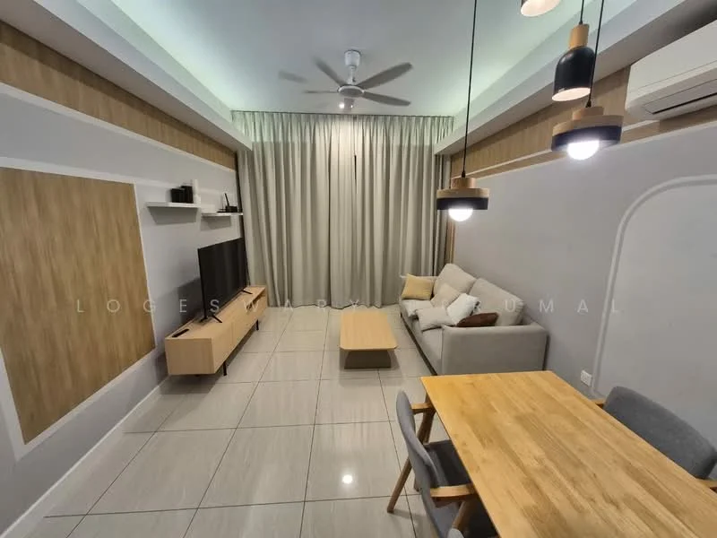 Living features: grey fabric sofa, wooden coffee table, light wood dining table, 4 grey dining chairs, wall-mounted TV, light grey curtains, ceiling fan with light, recessed downlights, white painted walls, wood panel accent wall, glossy tile flooring; style: modern.