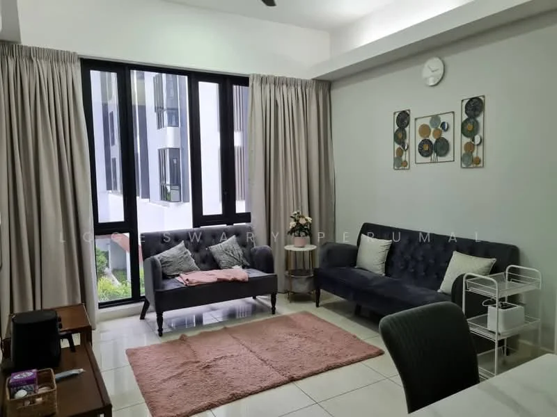 Living features: grey fabric sofa, 2-seater sofa, coffee table, area rug in pink, floor-to-ceiling windows, curtains, wall clock, framed artwork, white walls, tile flooring, ceiling fan; style: modern; view: garden.