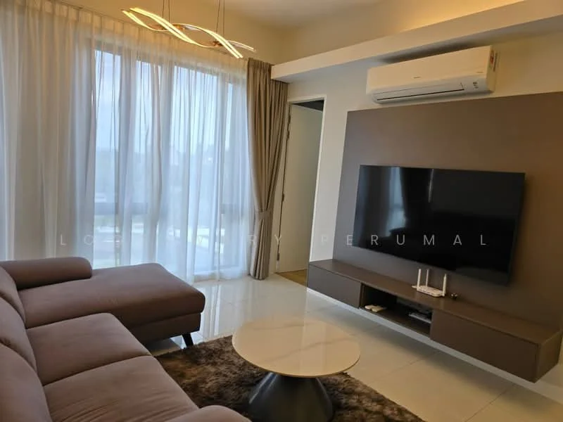 Living features: 3-seater fabric sofa in light brown, coffee table with round top, wall-mounted TV, TV console with storage, floor-to-ceiling windows with sheer curtains, recessed ceiling lights, air conditioning unit, decorative wall panel in brown, area rug with plush texture, light fixture with modern design; style: modern; view: city.