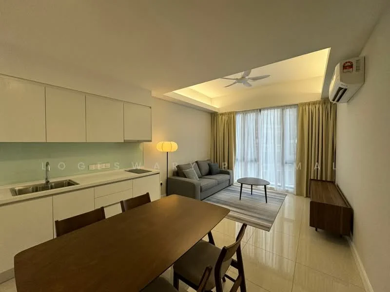 Kitchen features: white cabinetry, stainless-steel sink, chrome pull-down faucet, white countertop, built-in oven, ceramic cooktop, refrigerator, open shelving; style: modern. Living features: 3-seater fabric sofa in grey, area rug with geometric pattern, coffee table, floor-to-ceiling windows, curtains, ceiling fan, wall-mounted split AC; style: modern.