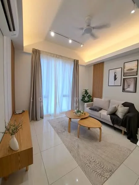 Living features: light grey fabric sofa, 2 round wooden coffee tables, area rug with geometric pattern, floor-to-ceiling windows, sheer curtains, wooden sideboard, decorative houseplants, recessed LED downlights, ceiling fan, wood panel accent wall, light-colored walls, glossy tile flooring; style: modern.