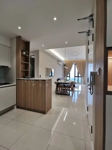 Kitchen features: white cabinetry, wooden island with seating, stainless-steel sink, chrome pull-down faucet, ceramic tile flooring, recessed downlights, open shelving, built-in appliances, countertop with overhang; style: modern; view: city. Dining features: dining table with chairs, floor-to-ceiling windows, curtains, decorative lighting; style: modern; view: city.