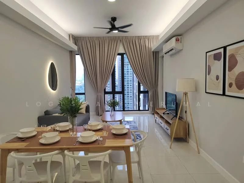 Dining features: 6-seater dining table, white dining chairs, decorative vase with flowers, table setting with plates and cutlery, pendant light, wall-mounted TV, wooden TV console, floor-to-ceiling windows, curtains, light-colored walls, polished tile flooring, ceiling fan; style: modern; view: city. Living features: grey fabric sofa, floor lamp, framed artwork on walls, air conditioning unit, light-colored walls, polished tile flooring; style: modern; view: city.