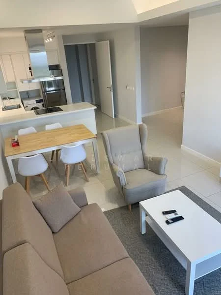 Living features: beige fabric sofa, area rug with geometric pattern, white coffee table, 2-seater dining table with wooden top, 4 white dining chairs, light-colored walls, tile flooring, recessed downlights, open layout to kitchen, large windows for natural light; style: modern. Kitchen features: white cabinetry, stainless-steel appliances, kitchen island, granite countertop, built-in oven, microwave, 4-burner gas hob, double-bowl stainless-steel sink, chrome pull-down faucet; style: modern.
