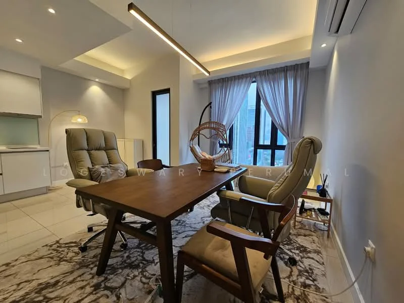 Living features: light wood dining table, 2 high-back armchairs in beige, area rug with abstract pattern, floor-to-ceiling windows, sheer curtains, recessed downlights, wall-mounted air conditioning unit, decorative wall with light color, wooden chair, hanging light fixture; style: modern; view: city.