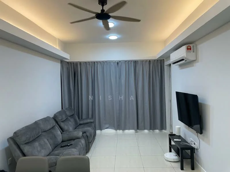 Living features: 3-seater fabric sofa in grey, ceiling fan, wall-mounted TV, TV console, grey curtains, recessed lighting, white painted walls, tile flooring, air conditioning unit; style: modern.
