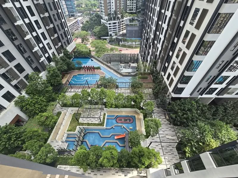Exterior type: high-rise condominium; features: multiple swimming pools, children's playground, landscaped gardens, walking paths, outdoor fitness area, manicured greenery, pool deck with loungers, water features, barbecue area, sports court, urban skyline view; style: modern.