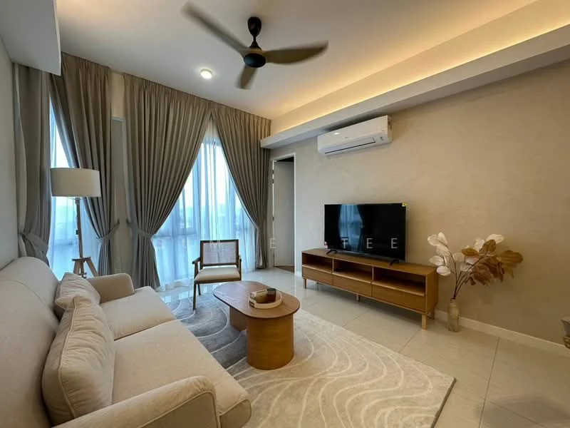 Living features: 3-seater fabric sofa in beige, wooden coffee table, TV console, wall-mounted TV, floor-to-ceiling windows, sheer curtains, recessed downlights, ceiling fan, area rug with wave pattern, decorative plant in ceramic pot, light-colored walls, light-colored tiled flooring; style: modern; view: city.