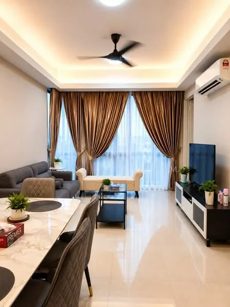 Living features: sofa in grey fabric, coffee table, wall-mounted TV, TV console in white, 5-blade ceiling fan with light, recessed downlights, floor-to-ceiling windows, sheer curtains, decorative plants in pots, marble flooring, crown moulding, area rug; style: modern; view: city. Dining features: 6-seater dining table with marble top, upholstered dining chairs, decorative centerpiece; style: modern.