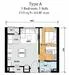 Floor plan: 1-bedroom 1-bathroom unit; features: open-plan kitchen-dining-living, master bedroom with ensuite bathroom, utility room, central foyer, balcony off living room, 1 car porch, 1,100 sqft built-up.
